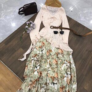 Sage Green Floral Maxi Skirt Set + Blush Pink Lace Top 2-Piece Outfit 🌸🌿